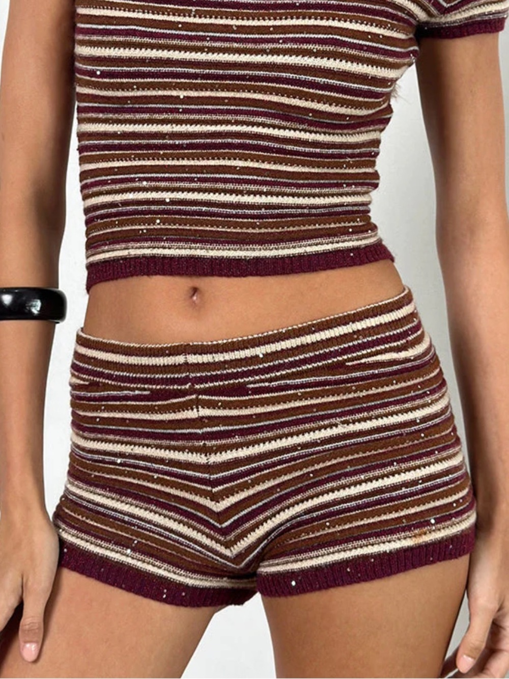 Motel Rocks Burgundy, Cream & Gold Striped Knit Shorts